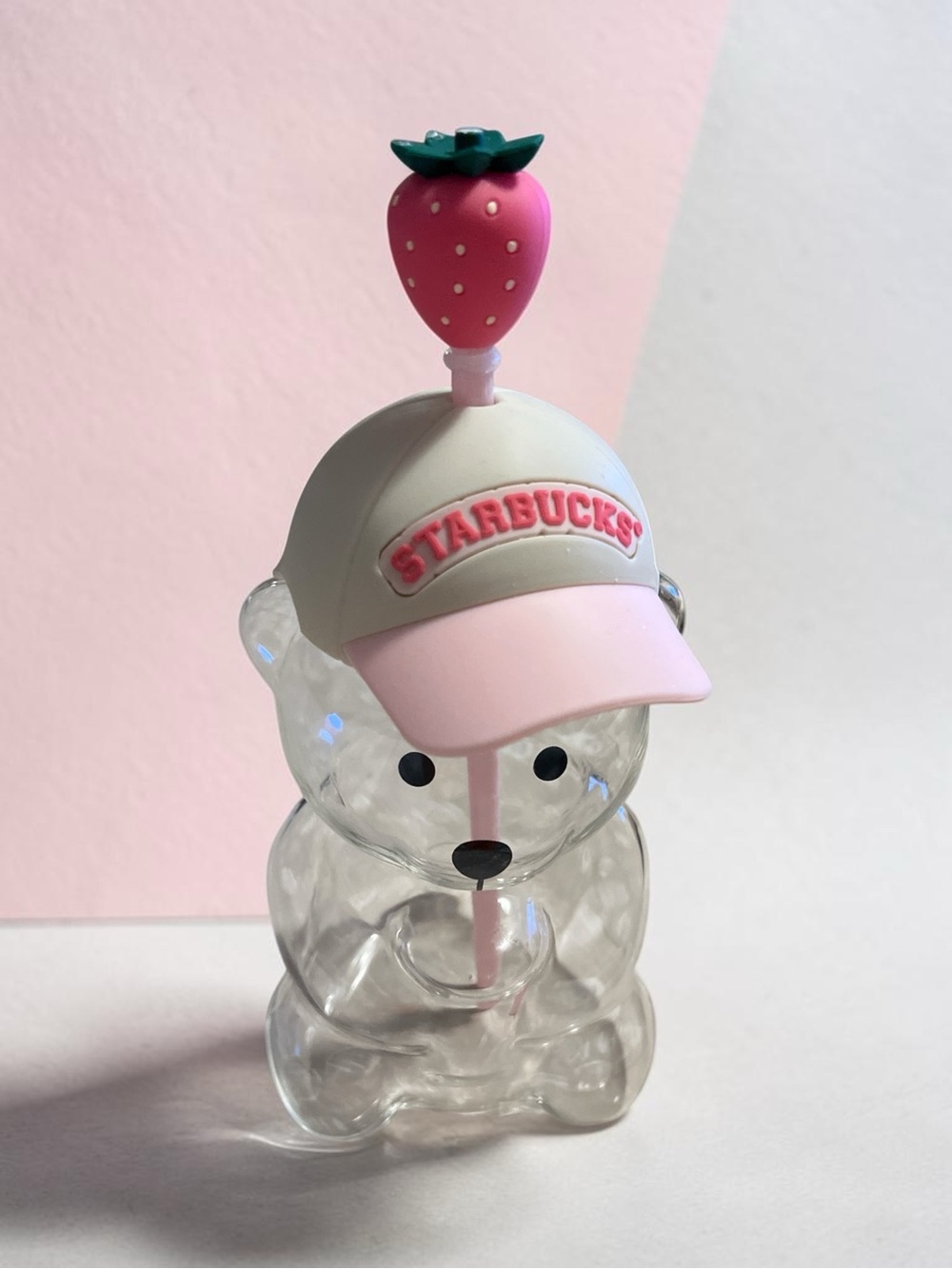 Starbucks Clear Bear Straw Topper with Pink & White Cap and Strawberry